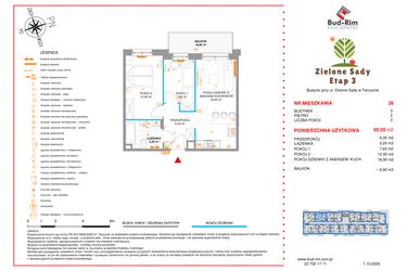 Rzut - Mieszkanie na sprzedaż 3 pokoje o powierzchni 50,55 m² - numer 36 w Zielone Sady etap III