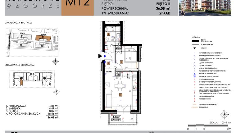 Rzut - Mieszkanie na sprzedaż 2 pokoje o powierzchni 36,08 m² - numer C1_M12 w Koncertowe Wzgórze etap II