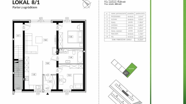Rzut - Mieszkanie na sprzedaż 3 pokoje o powierzchni 75,2 m² - numer 8/1 w Szczęśliwa Polana