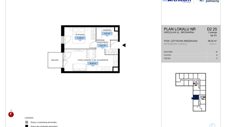 Rzut - Mieszkanie na sprzedaż 2 pokoje o powierzchni 38,24 m² - numer D2.25 w Bulwar Północny