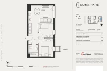 Rzut - Mieszkanie na sprzedaż 1 pokój o powierzchni 53,4 m² - numer 4.14 w Kamienna 28 - apartamenty inwestycyjne