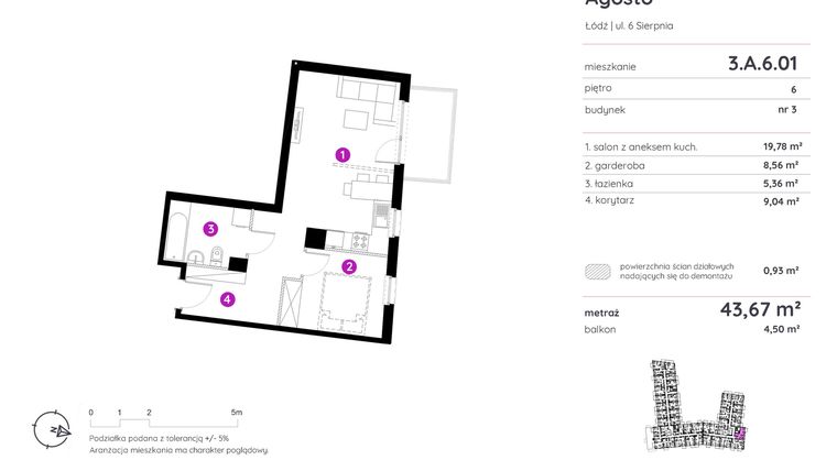 Rzut - Mieszkanie na sprzedaż 1 pokój o powierzchni 43,61 m² - numer 3.A.6.01 w Murapol Agosto