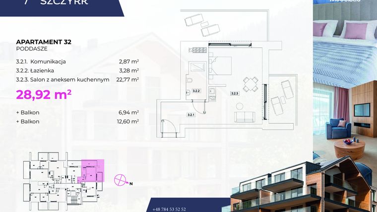 Rzut - Mieszkanie na sprzedaż 1 pokój o powierzchni 28,92 m² - numer 32 w Novy Szczyrk