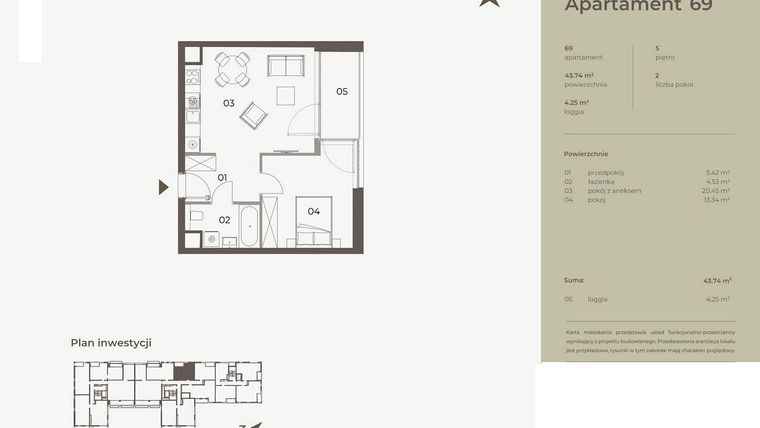 Rzut - Mieszkanie na sprzedaż 2 pokoje o powierzchni 43,74 m² - numer 69 w Monument