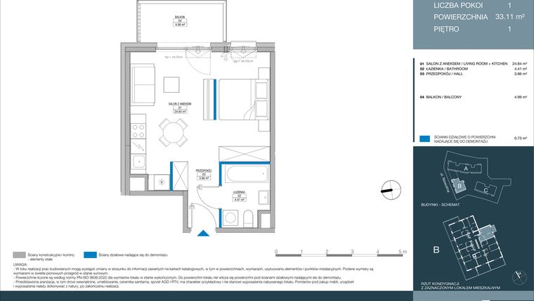 Rzut - Mieszkanie na sprzedaż 1 pokój o powierzchni 33,11 m² - numer B.1.2.1 w Meri Apartamenty