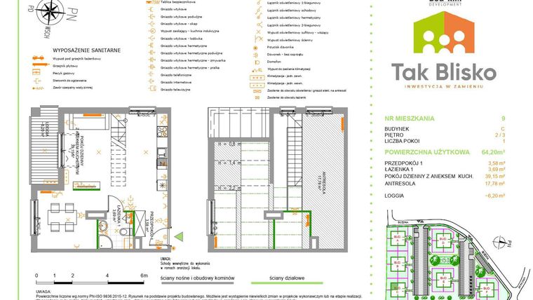 Rzut - Mieszkanie na sprzedaż 2 pokoje o powierzchni 64,2 m² - numer 9.C w Tak Blisko