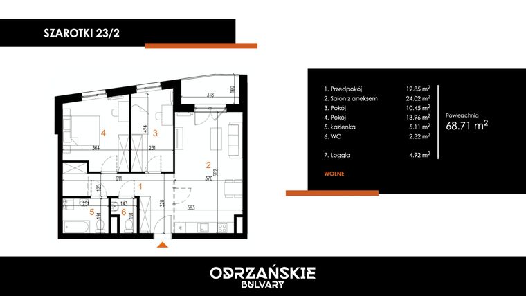 Rzut - Mieszkanie na sprzedaż 3 pokoje o powierzchni 68,71 m² - numer 23/2 w Odrzańskie Bulvary