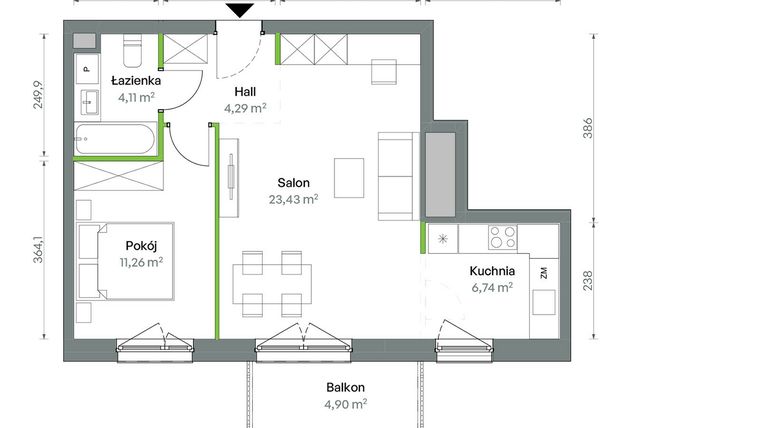 Rzut - Mieszkanie na sprzedaż 2 pokoje o powierzchni 49,83 m² - numer 1/A/2/44 w Oliwska Vita