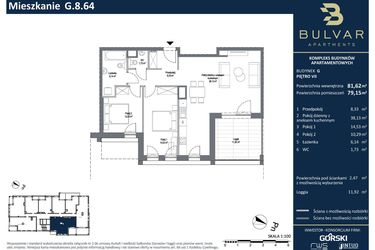 Rzut - Mieszkanie na sprzedaż 3 pokoje o powierzchni 81,79 m² - numer G.8.64 w Bulvar Apartments - etap I