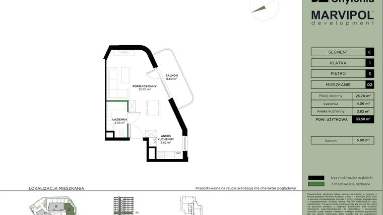Rzut - Mieszkanie na sprzedaż 1 pokój o powierzchni 33,58 m² - numer C-3-02 w Nowa Chylonia