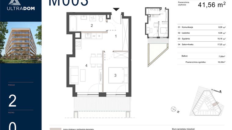 Rzut - Mieszkanie na sprzedaż 2 pokoje o powierzchni 41,56 m² - numer M003 w Ultradom