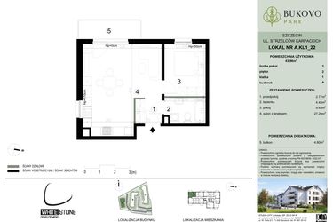 Rzut - Mieszkanie na sprzedaż 2 pokoje o powierzchni 43,96 m² - numer A.1.22 w Bukovo Park