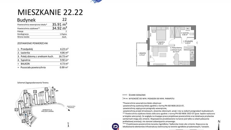 Rzut - Mieszkanie na sprzedaż 2 pokoje o powierzchni 34,92 m² - numer 22.22 w Osiedle Pastelowe etap IV