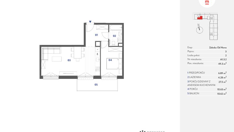 Rzut - Mieszkanie na sprzedaż 2 pokoje o powierzchni 49,3 m² - numer A1.3.2 w Mieszkaj w mieście Załęska od Nowa