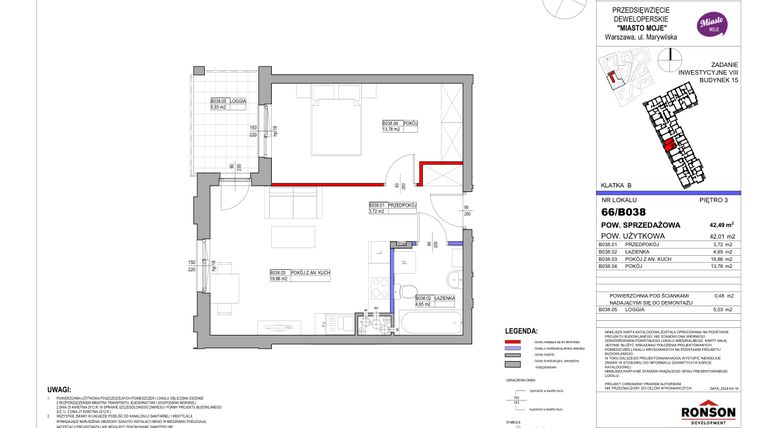 Rzut - Mieszkanie na sprzedaż 2 pokoje o powierzchni 42,49 m² - numer 15_B038 w Miasto Moje 8