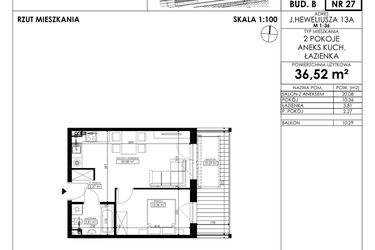Rzut - Mieszkanie na sprzedaż 2 pokoje o powierzchni 36,52 m² - numer JAR-II-B-LM-M27 w Osiedle JAR Heweliusza etap II