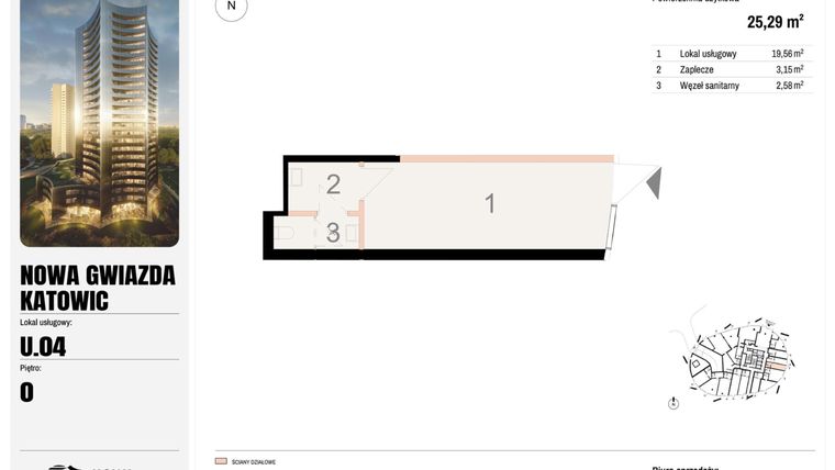 Rzut - Lokal użytkowy na sprzedaż 1 pokój o powierzchni 25,29 m² - numer U.04 w Nowa Gwiazda