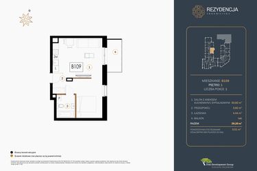 Rzut - Mieszkanie na sprzedaż 1 pokój o powierzchni 39,28 m² - numer B.109 w Rezydencja Śródmiejska