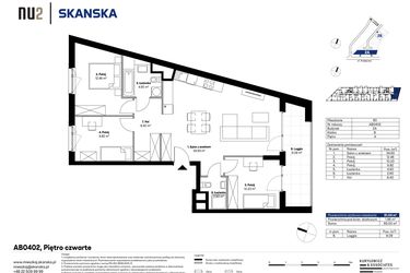 Rzut - Mieszkanie na sprzedaż 4 pokoje o powierzchni 80,79 m² - numer AB0402 w NU2 Warszawa Wola