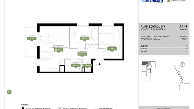 Rzut - Mieszkanie na sprzedaż 3 pokoje o powierzchni 54 m² - numer A1 44 w Zakątek Telimeny