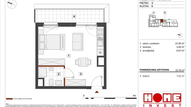 Rzut - Mieszkanie na sprzedaż 1 pokój o powierzchni 32,7 m² - numer B1-B134 w Warszawski Świt etap VIII