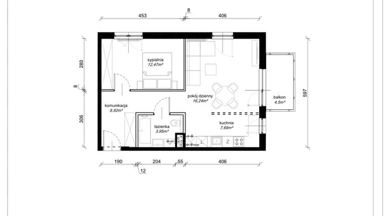 Rzut - Mieszkanie na sprzedaż 2 pokoje o powierzchni 49,17 m² - numer F.2.20.2k w Art.Teo etap 3