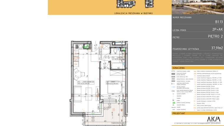 Rzut - Mieszkanie na sprzedaż 2 pokoje o powierzchni 37,91 m² - numer B1.13 w Nova Daliova