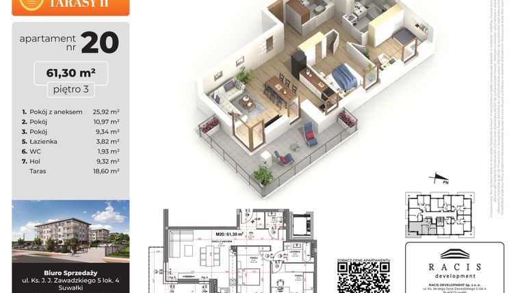 Rzut - Mieszkanie na sprzedaż 3 pokoje o powierzchni 61,3 m² - numer 20 w Słoneczne Tarasy II etap 2