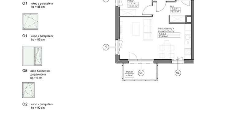Rzut - Mieszkanie na sprzedaż 2 pokoje o powierzchni 44,66 m² - numer B.1.3.2 w Optima VIII