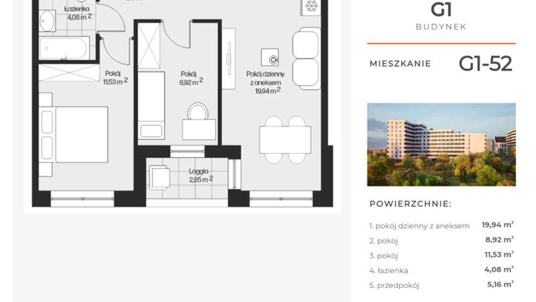Rzut - Mieszkanie na sprzedaż 3 pokoje o powierzchni 49,63 m² - numer G1-52 w Piasta Park VI