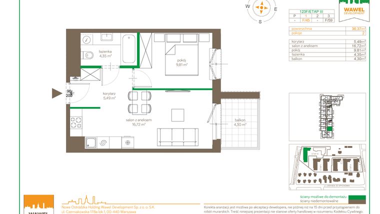 Rzut - Mieszkanie na sprzedaż 2 pokoje o powierzchni 36,37 m² - numer F/45 w Ostródzka 123 - III etap