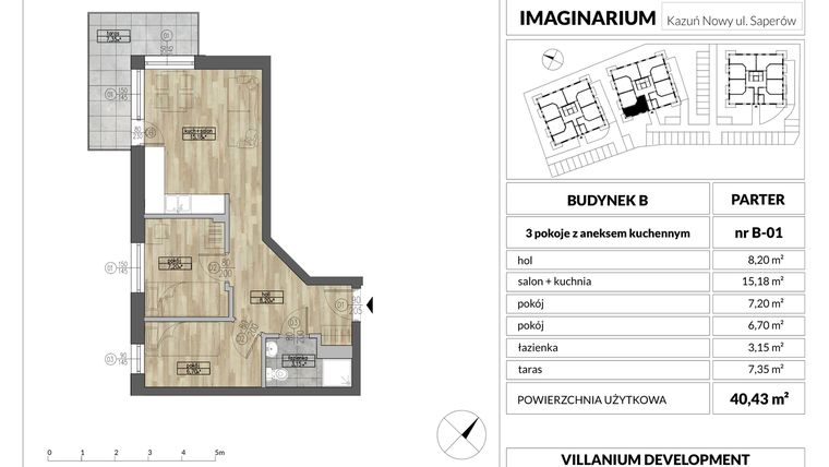 Rzut - Mieszkanie na sprzedaż 3 pokoje o powierzchni 40,43 m² - numer 1 w Imaginarium Kazuń Nowy - bud. B