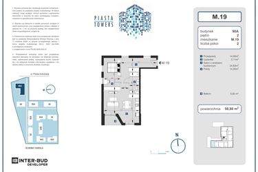Rzut - Mieszkanie na sprzedaż 2 pokoje o powierzchni 58,86 m² - numer 19 w Piasta Towers bud. 90A