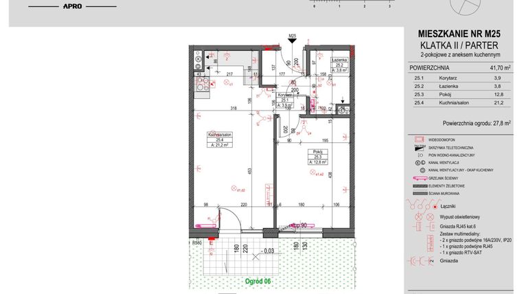 Rzut - Mieszkanie na sprzedaż 2 pokoje o powierzchni 41,7 m² - numer M25 w Antczaka 46