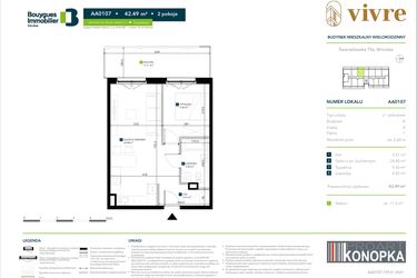 Rzut - Mieszkanie na sprzedaż 2 pokoje o powierzchni 42,49 m² - numer AA0107 w Vivre