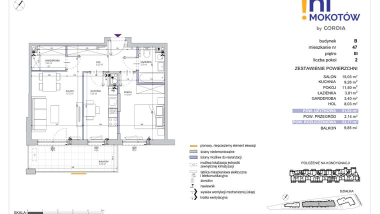 Rzut - Mieszkanie na sprzedaż 2 pokoje o powierzchni 53,17 m² - numer A1.B.47 w Hi Mokotów