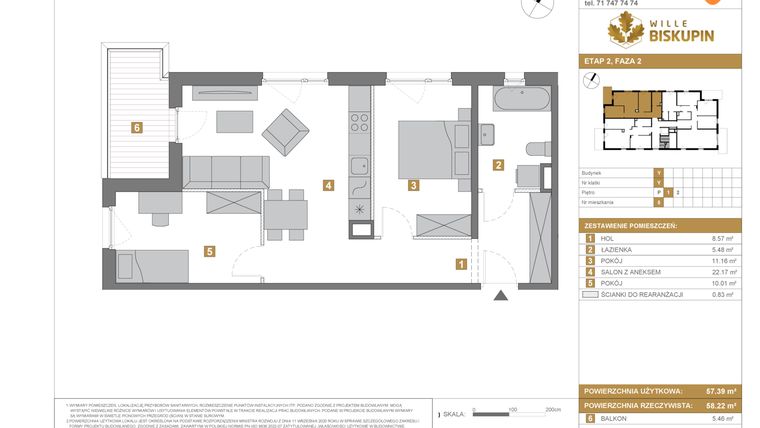 Rzut - Mieszkanie na sprzedaż 3 pokoje o powierzchni 57,39 m² - numer Y/5 w Wille Biskupin Etap 2.2