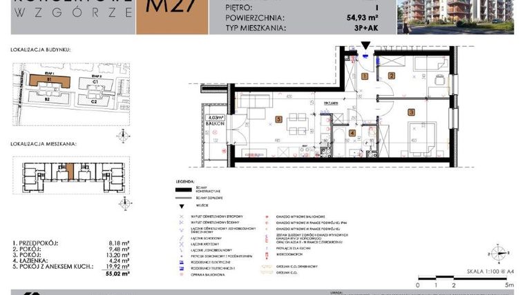 Rzut - Mieszkanie na sprzedaż 3 pokoje o powierzchni 54,93 m² - numer B1.27 w Koncertowe Wzgórze