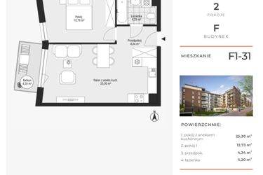 Rzut - Mieszkanie na sprzedaż 2 pokoje o powierzchni 46,57 m² - numer F1-31 w Na Koszutce II