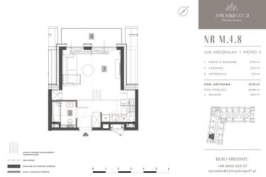 Rzut - Mieszkanie na sprzedaż 1 pokój o powierzchni 31,72 m² - numer M.4.8 w Zamoyskiego 31