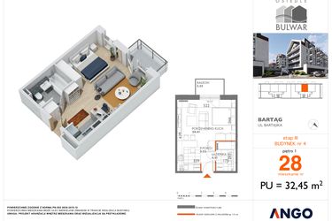Rzut - Mieszkanie na sprzedaż 1 pokój o powierzchni 32,45 m² - numer 28 w Osiedle Bulwar bud. 4