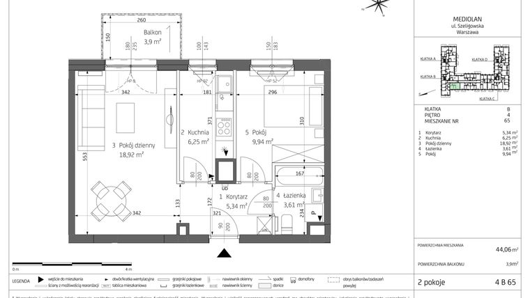 Rzut - Mieszkanie na sprzedaż 2 pokoje o powierzchni 44,06 m² - numer B4/4/B65 w Bemowo Vita