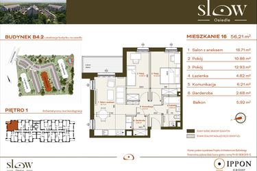 Rzut - Mieszkanie na sprzedaż 3 pokoje o powierzchni 56,21 m² - numer B4.2.16 w Osiedle SLOW