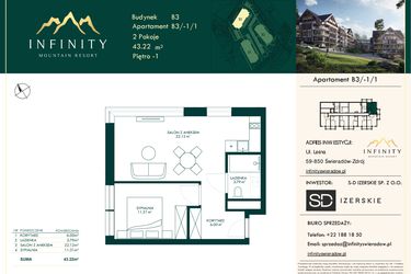 Rzut - Mieszkanie na sprzedaż 2 pokoje o powierzchni 43,22 m² - numer B3.-1.1 w Infinity Mountain Resort