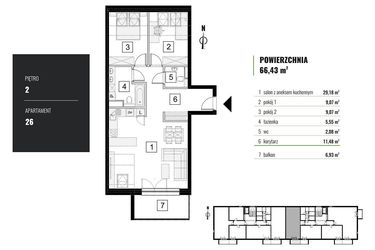 Rzut - Mieszkanie na sprzedaż 3 pokoje o powierzchni 66,43 m² - numer M.26 w Zielony Horyzont II