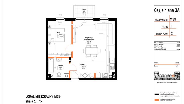 Rzut - Mieszkanie na sprzedaż 2 pokoje o powierzchni 53,95 m² - numer 39 w Osiedle StaLove etap II