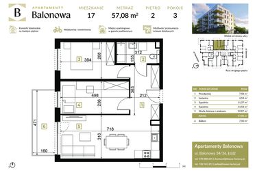 Rzut - Mieszkanie na sprzedaż 3 pokoje o powierzchni 57,08 m² - numer 17 w Apartamenty Balonowa