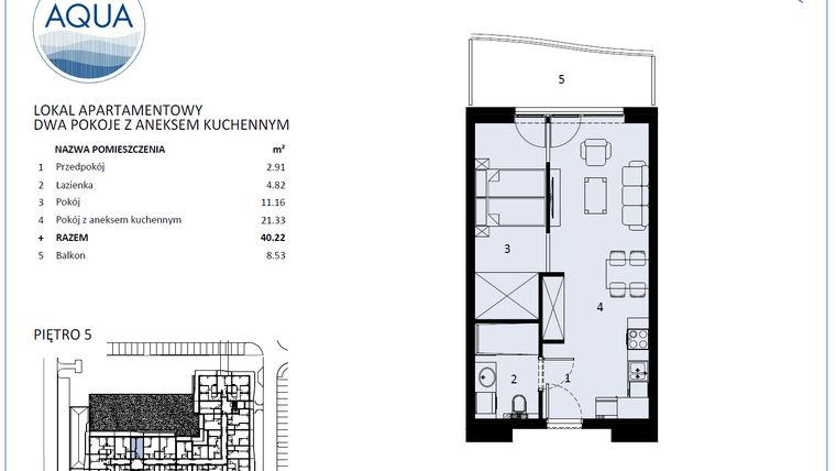 Rzut - Mieszkanie na sprzedaż 1 pokój o powierzchni 39,27 m² - numer F506 w Polanki Aqua - budynek E i F
