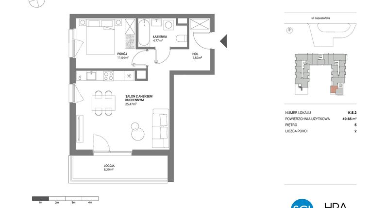 Rzut - Mieszkanie na sprzedaż 2 pokoje o powierzchni 49,65 m² - numer K.5.2 w Łopuszańska 47 - etap 3