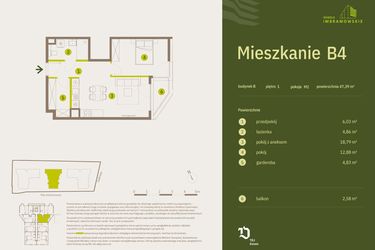 Rzut - Mieszkanie na sprzedaż 2 pokoje o powierzchni 47,39 m² - numer B4 w Osiedle Imbramowskie